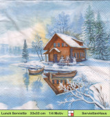 Winterliches Blockhaus am See mit Booten am Steg - 1 Paket mit 20 Servietten